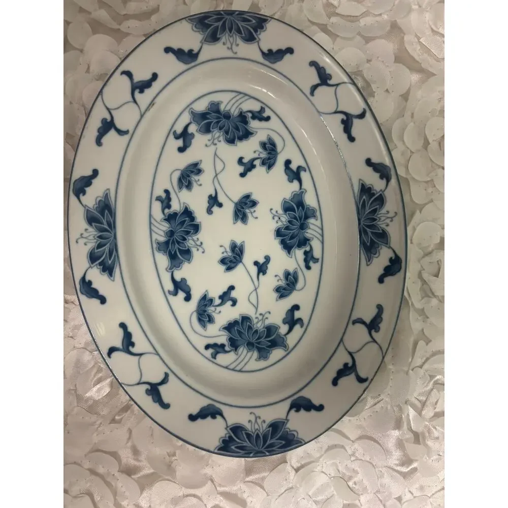 Vintage Tatung Durable China Blue Water Lily Oval Serving Platter #0517 Taiwan